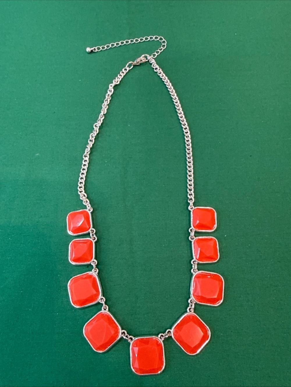 Orange-Red  Statement Necklace in Silver-Tone Chain